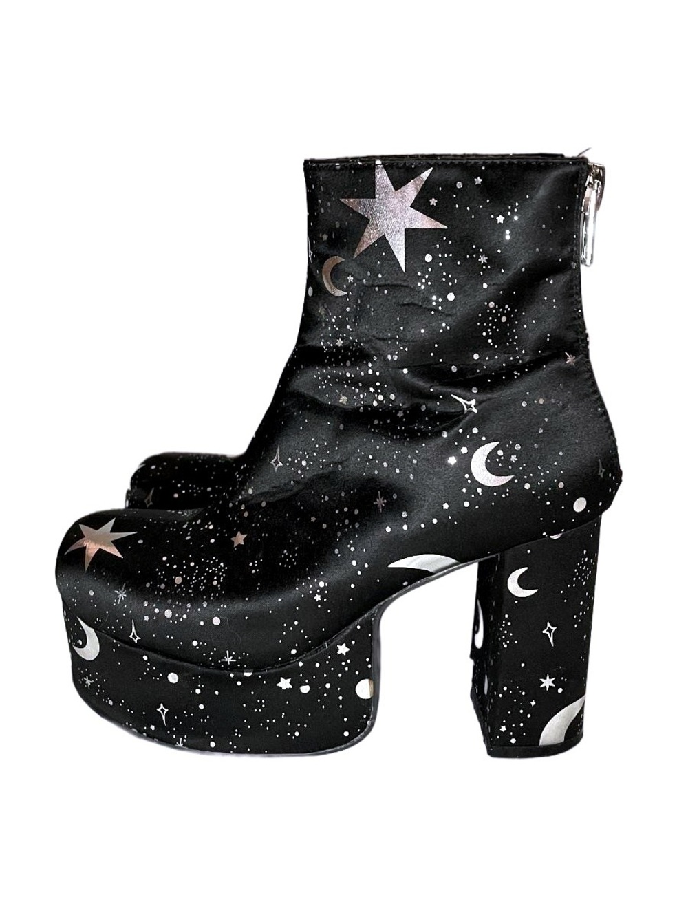 Dolls Kill Current Mood Black Platform Ankle Boots w/ Silver Stars and Moons 7 - Picture 3 of 6